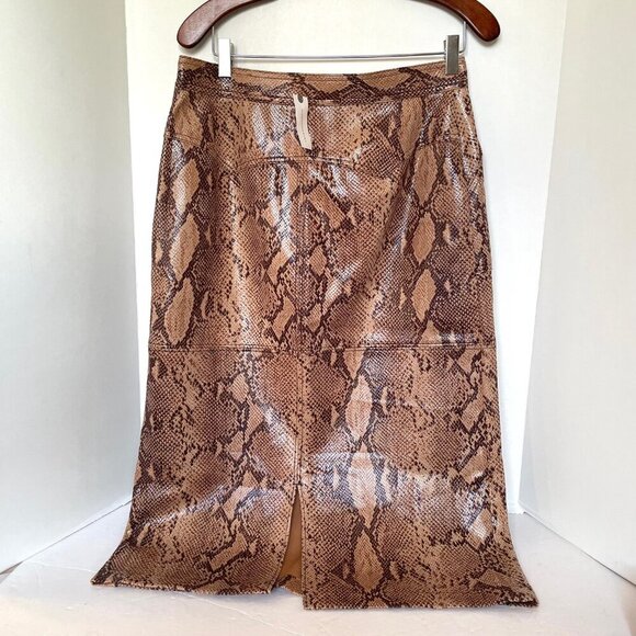 Anthropologie Pencil Skirt Brown Faux Leather Snake Print Knee Length Vegan - Picture 3 of 8